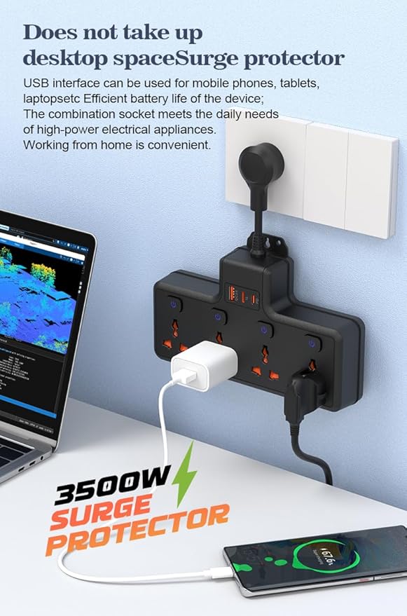 Wall Mount Power Strip with 4 AC Outlets & USB-C (20W) and USB Ports, Plug Extender with Individual Switches, Space Saving Multi Plug Outlet for Home, Office, Dorm & Travel, Black