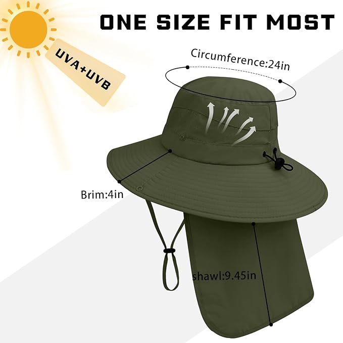 Sun Hats for Men Women, UPF50+ Protection Safari Hat,Wide Brim Fishing Hat with Neck Flap,Bucket Hats for Beach Hiking
