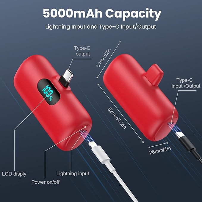 Mini Portable Charger 5000mAh Power Bank,15W PD USB C Cell Phone Portable Power, LCD Display Battery Pack Compatible With iPhone 15/15 Plus/15 Pro/15 Pro Max/Android/Samsung/Moto/LG (Type-C Only)