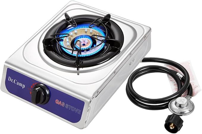 12000 BTU Single Auto Ignition Camping Garden Outdoor Camp Garden Hiking Fishing Propane Stove Cooker Griddle, Include CSA listed regulator and gas hose