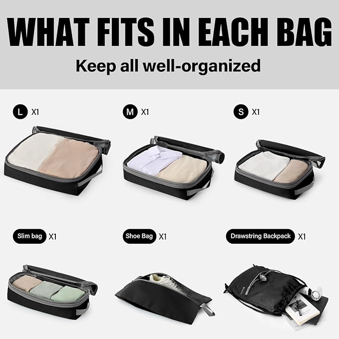 6 Set Compression Packing Cubes for Travel, Lightweight and Space-Saving Luggage Organizer Bags, Sturdy Travel Essentials for Suitcase, Black