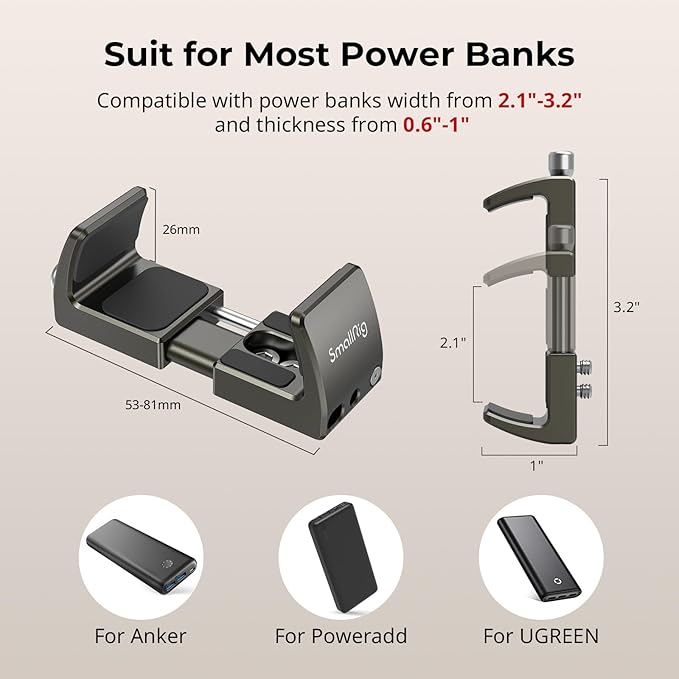 SMALLRIG Power Bank Holder, Power Bank Clamp Mount for Camera, Compatible with Width Range 2.1"–3.3" and Thickness Range 0.6"–1" Power Banks2790