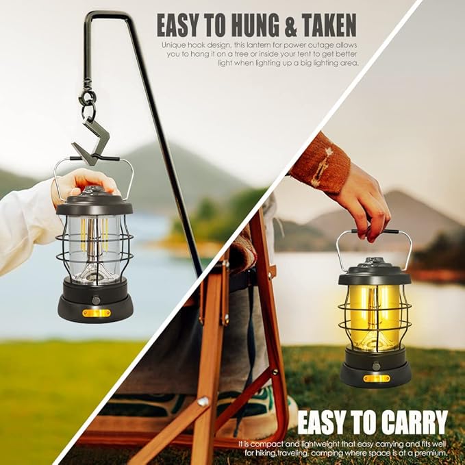 UniqueFire Retro Camping Lantern Rechargeable 1500LM 2 Modes Dimmable,Portable Electric Hurricane Lamp Hands-Free Flashlight,5000 mA High Capacity Battery LED Lanterns for Power Outages Indoor