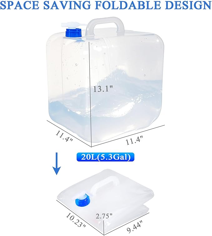 Collapsible Water Container with Spigot & Hook, BPA Free Water Jug, Foldable Carrier Bucket, Water Storage Container for Camping Hiking Survival Kit, 2-Pack (20L/5.3 Gallon)