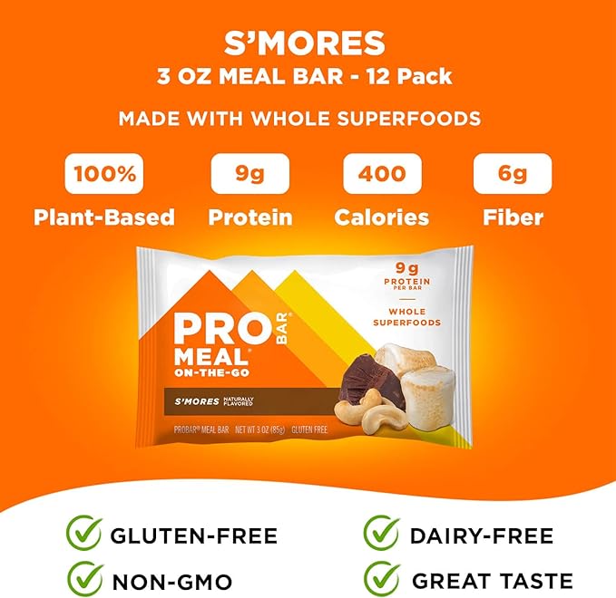PROBAR - MEAL Bar, S'Mores, Non-GMO, Gluten-Free, Healthy, Plant-Based, Whole-Food Ingredients, Natural Energy (12 Count)