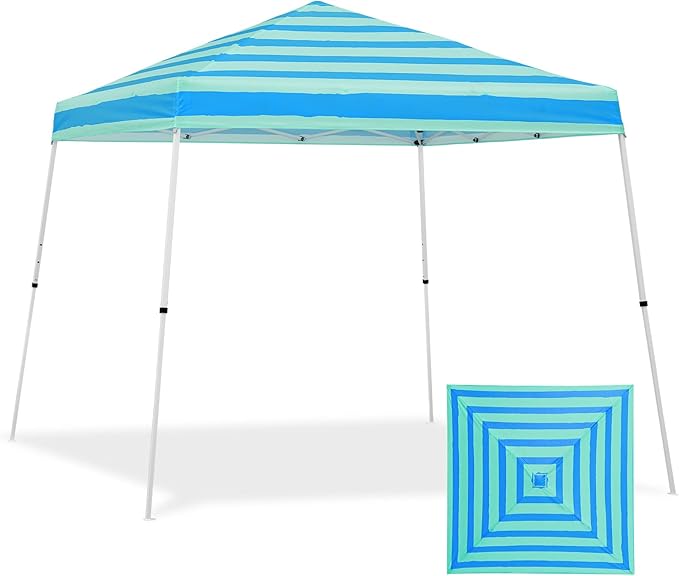 EAGLE PEAK 10x10 Slant Leg Pop-up Canopy Tent Easy One Person Setup Instant Outdoor Beach Canopy Folding Portable Sports Shelter 10x10 Base 8x8 Top (Green Blue Stripe)
