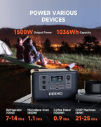 Portable Power Station, 1036Wh LiFePO4 Battery, 1500W Continuous Power, Solar Generator for Emergency Backup, Home, Camping, RVs, and Off-Grid Use – Fast Charging & Multi-Device Support DEENO S1500