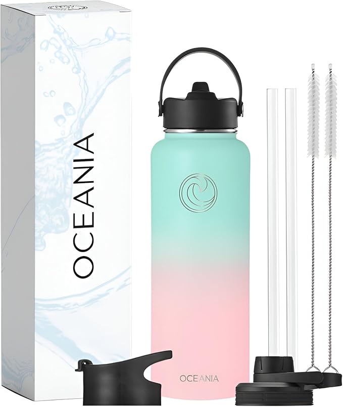 Oceania Flask 40oz Stainless Steel Water Bottle | Modern, Leakproof, Hydro BPA-Free, Insulated Water Bottle with 3 Lids, 3 Straws & 2 Straw Cleaning Brushes | Simple Camping & Hiking Water Bottles