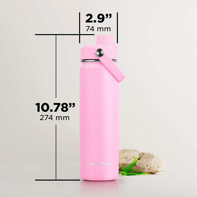 ThermoProof Double-Walled Vacuum Insulated Stainless Steel Water Bottle - Wide Mouth with Chug & Spout Lids, Dishwasher Safe, Reusable, Leakproof, Hot & Cold for Men, Women & Kids - 22oz, Pink