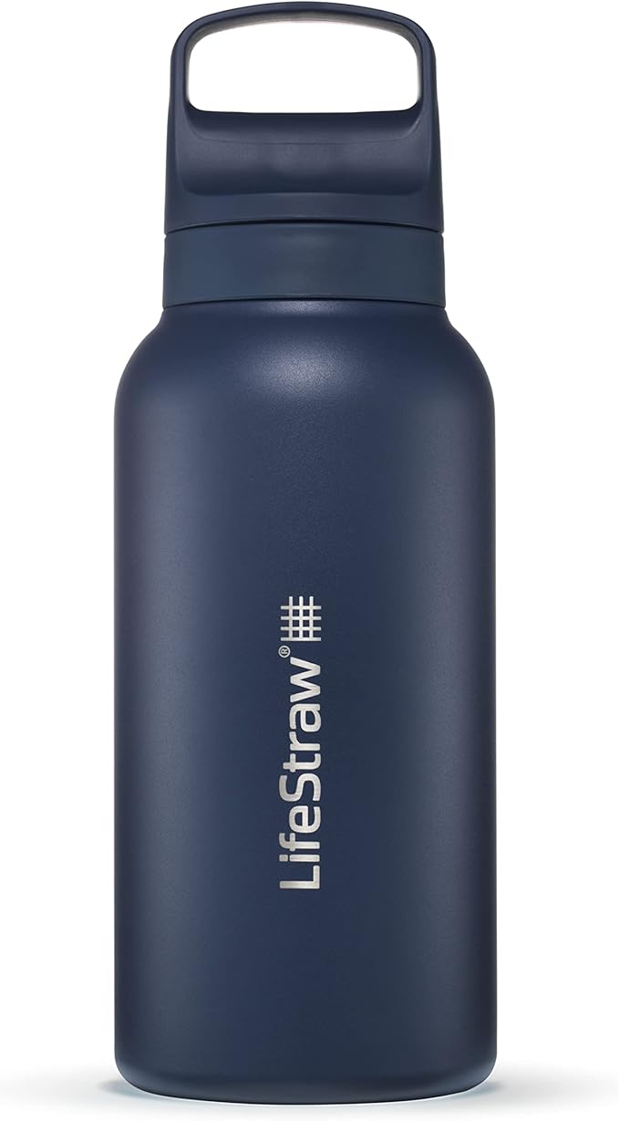 LifeStraw Go Series — Insulated Stainless Steel Water Filter Bottle for Travel and Everyday Use Removes Bacteria, Parasites and Microplastics, Improves Taste, 1L Aegan Sea