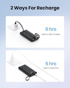 Portable Charger with Built in Cables, Slim 10000mAh Power Bank with USB C, External Battery Pack 5 Outputs 2 Inputs LED Display Compatible with iPhone/Android & More (Black)