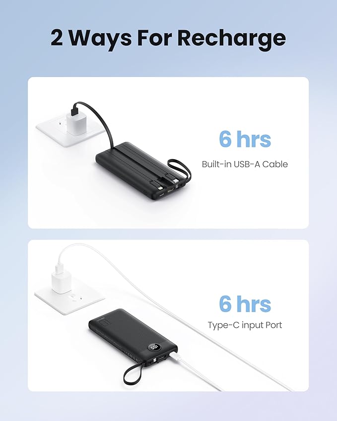 Portable Charger with Built in Cables, Slim 10000mAh Power Bank with USB C, External Battery Pack 5 Outputs 2 Inputs LED Display Compatible with iPhone/Android & More (Black)