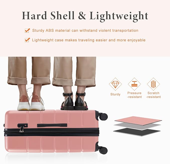 Sweetcrispy 3 PCS Luggage Set, Spinner Wheels Lightweight Expandable Travel Hard Shell Suitcase with TSA Lock, Pale Pink(20/24/28 inch)
