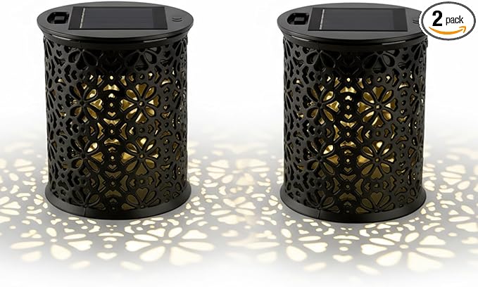 2-Pack Small Solar Outdoor Lanterns for Garden & Patio - Solar-Powered Decorative Lantern Lights Hollow-Out Design, Energy-Saving, Weather-Resistant, Auto Dusk-to-Dawn Lighting for Pathways, Yard