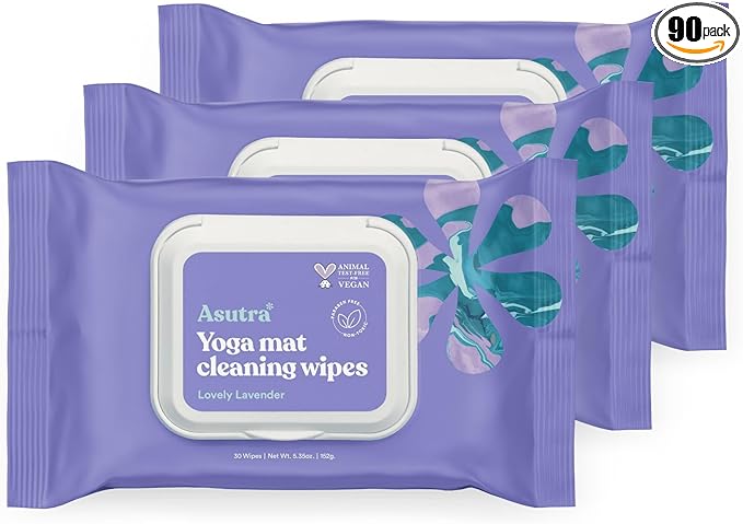 ASUTRA Yoga Mat Cleaning Wipes (Lovely Lavender), 3 Pouches (30 Wipes Each) - No Slippery Residue, Deep-Cleansing for Fitness Gear & Gym Equipment