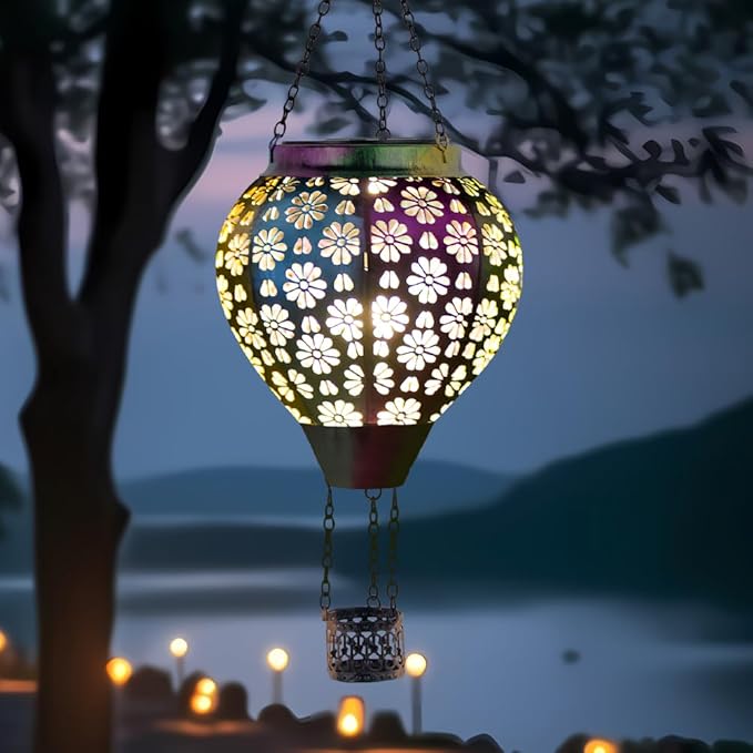 Stargarden Hot Air Balloon Solar Lantern, Flower Hollow Out Lanterns Decorative Outdoor, Colorful Hot Air Balloon Handmade Lighting Products, Metal Solar Hanging Lights Outdoor for Yard