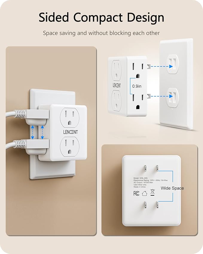 LENCENT 2 to 3 Prong Outlet Adapter, 2 Prong Power Strip, 6 Widely Spaced Outlets Extender, 3-Sided Wall Plug Splitter, 1875W Max, Compact Wall tap for Non-Grounded Outlets in Old House Hotel Dorm