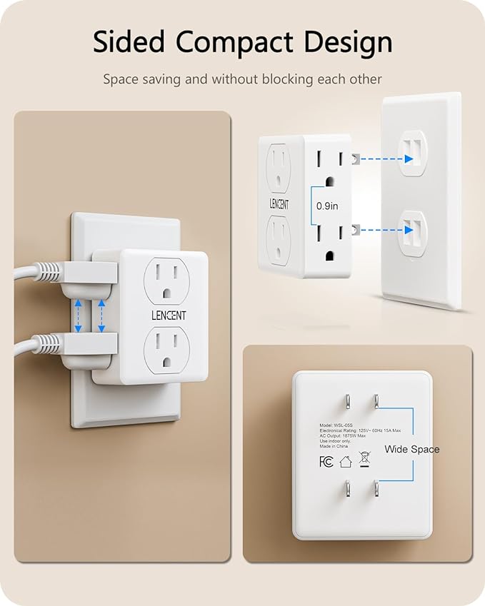 LENCENT 2 to 3 Prong Outlet Adapter, 2 Pack 2 Prong Power Strip, 6 Widely Spaced Sockets Extender, 3-Sided Wall Plug Splitter, 1875W Max, Compact Wall tap for Non-Grounded Outlets in Old House Hotel