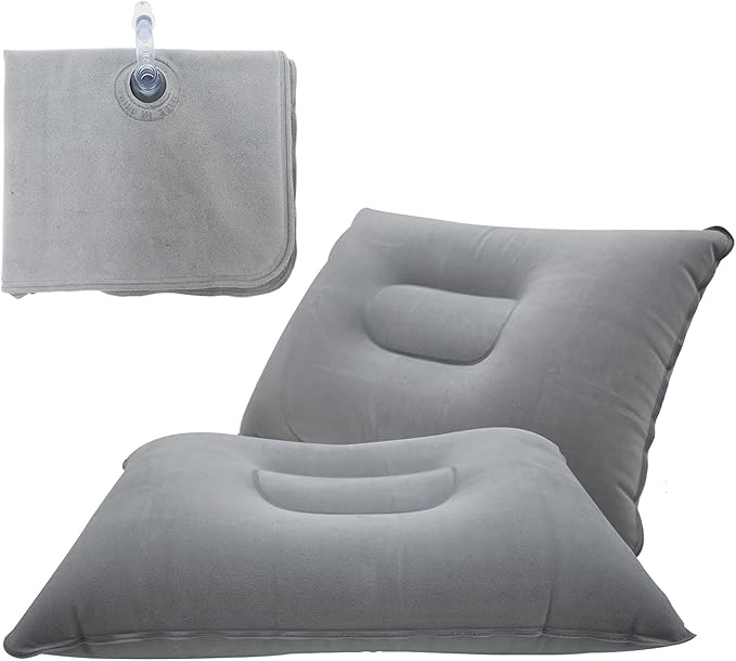 4 Pack Gray Ultralight Inflatable Pillow Small Squared Flocked Fabric Air Pillow for Beach Camping,Traveling,Hiking,Napping,Desk Rest,Neck & Lumbar Support