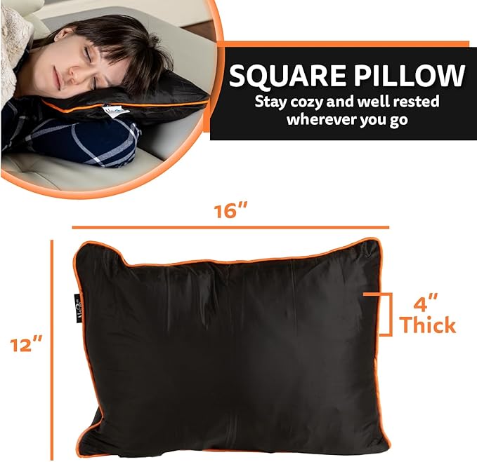 Ripstop Outdoor Camping Pillow 3-in-1, Versatile Lightweight Nylon Waterproof Stadium Blanket, Ultralight Backpacking Essentials, Travel Set - Black and Orange