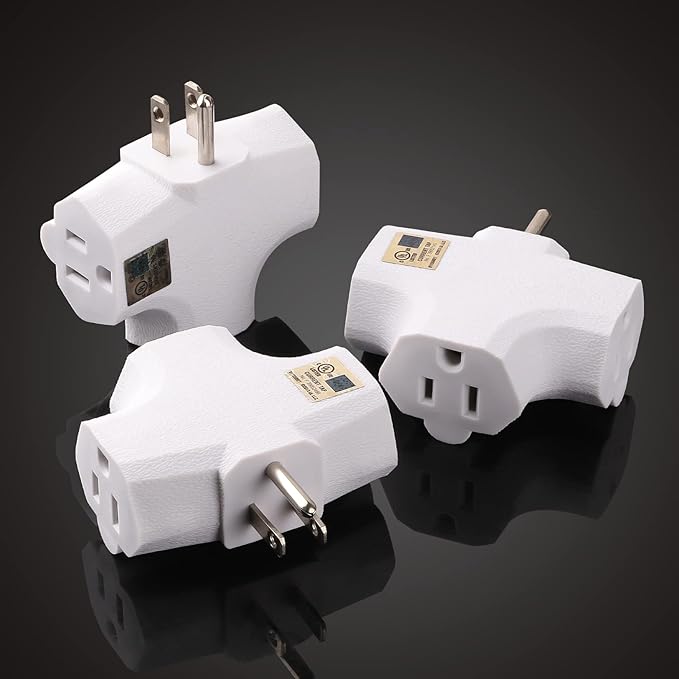 3 Outlet Wall Adapter T-Shaped, UL Listed 3 Prong Grounded Plug Extender,125V 1875W - Heavy Duty Multi Outlet Wall Plug,Power Outlet Splitter (3 Pack)