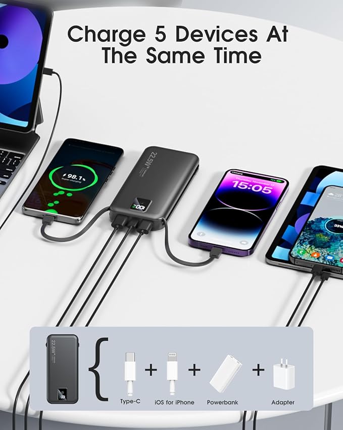 Portable Charger Built-in Cables and AC Wall Plug, 12000mAh power Bank, USB C 22.5W Fast charging Phone Charger ,Compact Lightweight External Battery Pack for iPhones, iPad, Samsung，Tablets, etc.