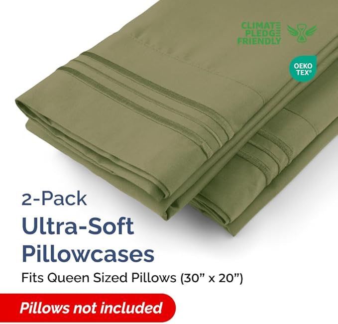 Queen Pillow Cases Set of 2 - Ultra Soft Hotel Quality Pillowcase Covers - Comfy Cozy Bedding for Women, Men, Kids & Teens - Machine Washable Pillow Protectors - 2 Pieces Set - Queen Size Sage Green