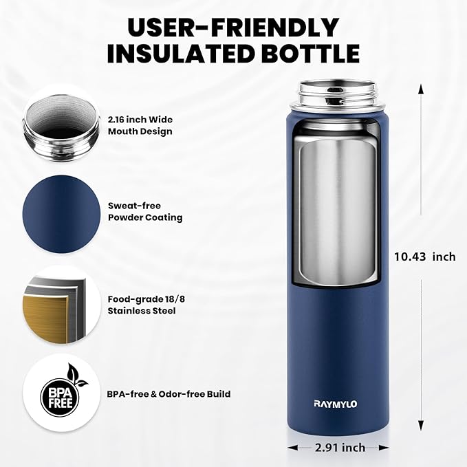 Insulated Water Bottle 24oz, Triple Wall Vacuum Stainless Steel (Cold for 48 Hrs, Hot for 24Hrs), Leak Proof & Non-BPA, 24oz Hydro Water Flask with Paracord Handle & Straw Spout Lids