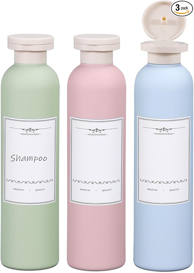 ASEVAT 8.8oz 3Pcs Plastic Refillable Travel Shampoo and Conditioner Bottles Refillable Travel Bottle with Flip Cap Plastic Shampoo and Conditioner Bottles
