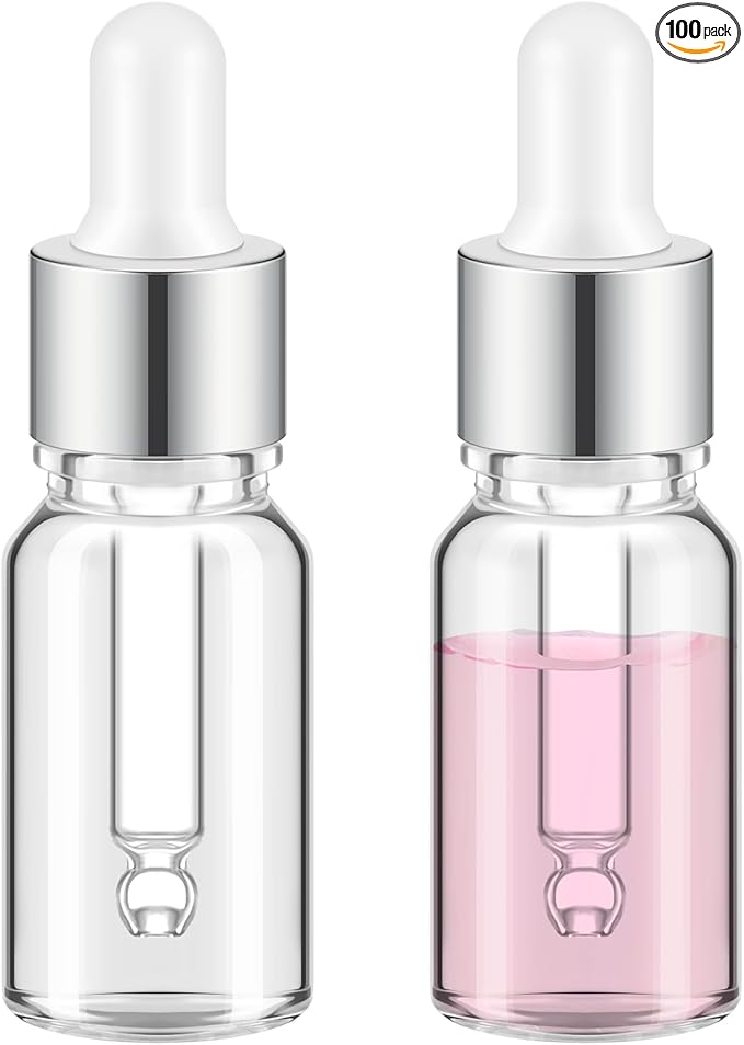 100 Pcs Mini Glass Oil Dropper Bottle Bulk, Clear Essential Small Empty Bottles Sample Containers Perfume Liquid Vials with Cap for Traveling (10 ml,Silver)