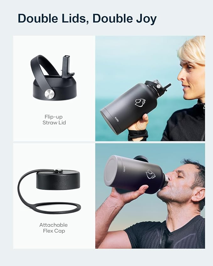 BUZIO 64oz Water Bottle Insulated Stainless Steel (Cold for 48 Hrs/Hot for 24 Hrs) BPA Free Double Wall Travel Mug/Flask for Outdoor Sports Hiking, Cycling, Cam,Camping, Running- Graphite