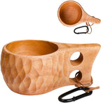 Kuksa Camping Mug Wooden Bushcraft Handcarved Cup, Nordic Style Coffee & Hiking Kuksa, Rubber Wood with Double Hole & Engraved Pattern, 7.1 oz., 6.3" x 3.8" x 2.6"
