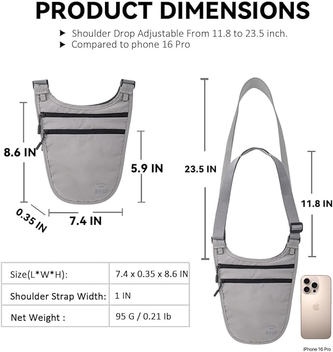 Crossbody Money Belt for Travel Women & Men Hidden, Travel Wallet Pouch - Slim Passport Holde, RFID Blocking Neck Wallet Under Clothes to Protect Cash, Credit Cards and Documents (GRAY)