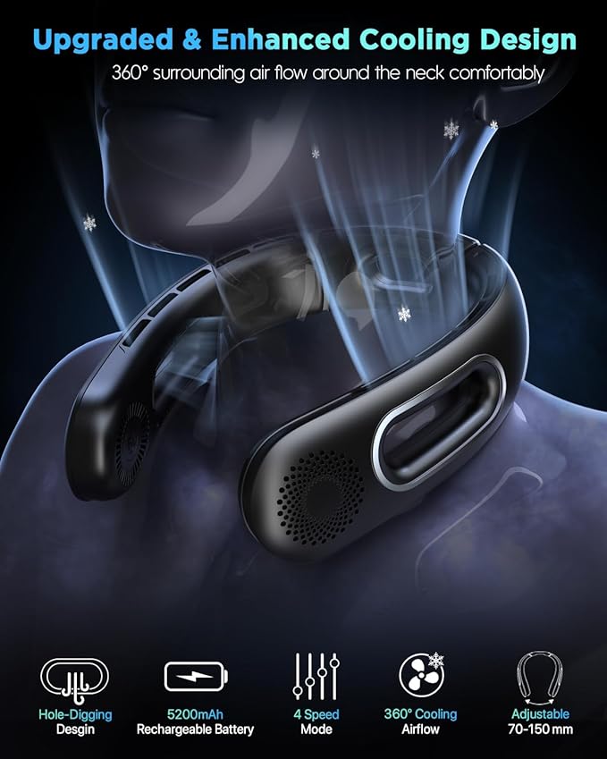 Neck Fan, Hands Free Bladeless Neck Fans Portable Rechargeable, 360° Cooling Neck Fan, 4 Speeds, Quiet, 5200 mAh Battery Operated USB Wearable Personal Fan Gifts for Women, Travel, Outdoor