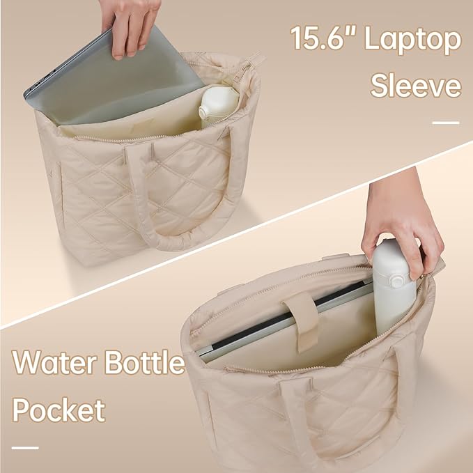 Puffer Tote Bag for Women, Quilted Bag with Zipper, Small Tote HandBags for Work, Travel