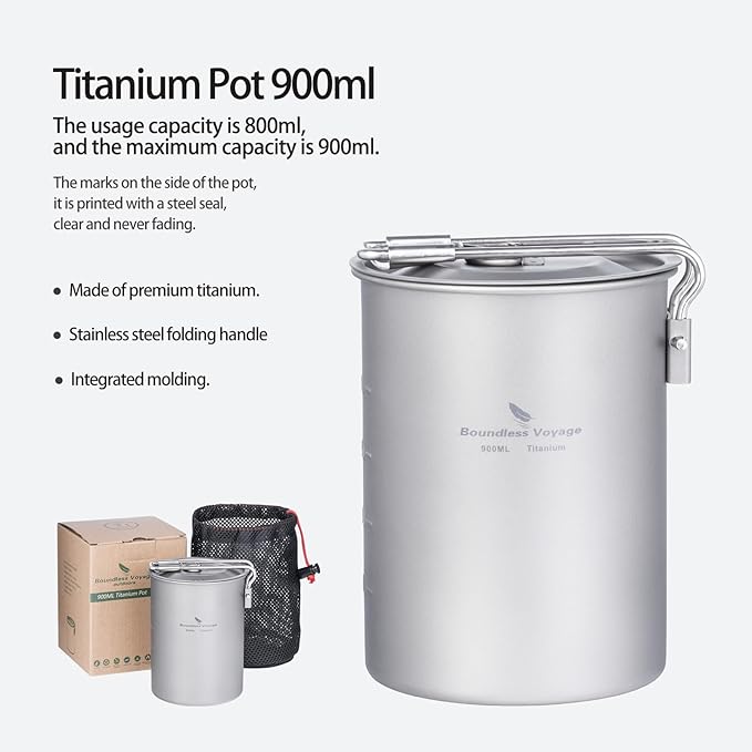 iBasingo 900ml Titanium Camping Cup with Lid Lightweight Portable Camping Pot for Backpacking Hiking Travel Cookware with Stainless Steel Foldable Handle, Ideal for Coffee, Soup, Cooking Ti2040C