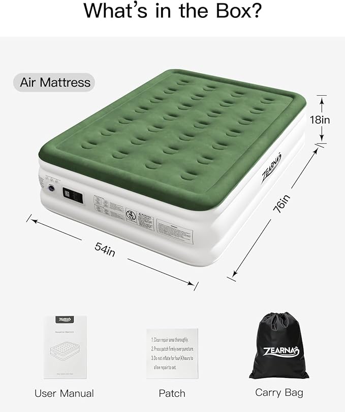 Full Size Air Mattress with Built in Pump, 18" Raised Comfort Air Bed, Upgraded Flocked Top Blow up Mattress with Carrying Bag, Inflatable Mattress for Guests & Home, AirBed, 650 lbs Max