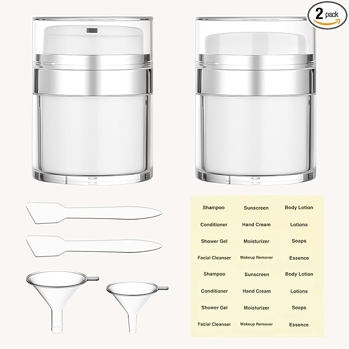 Travel Size Containers Airless Pump Jars with Label 30ml 1 Oz Acrylic Press Hand Cream Jar TSA Approve Leak Proof Refillable Lotion Dispenser Travel Containers for Toiletries Face Moisturizer - 2Pack