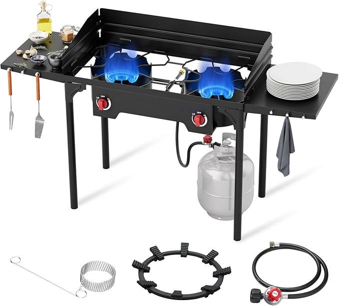 High Pressure Propane Stove, 2 Burner Outdoor Propane Burner with Windscreen ＆ Side Shelves, 150,000 BTU Gas Stove with 0-20 PSI Regulator for Camping, Backyard, Picnic, Outdoor Cooking