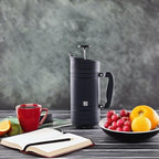 BaseCamp Coffee Press - Double Wall Insulated Stainless Steel - Bru-Stop Technology, No Grounds in Coffee, No Spill Lid (Obsidian, 48 fl.oz)