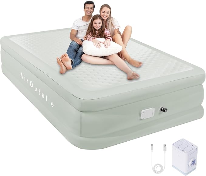 Air Mattress Queen with Built in Pump, Rechargeable USB-C Electric Pump, Self Inflatable Mattress Queen, Fiber-tech Portable Blow Up Mattress for Camping, Indoor and Outdoor(18" Height, Green)