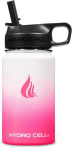 HYDRO CELL Stainless Steel Insulated Water Bottle with Straw - For Cold & Hot Drinks - Metal Vacuum Flask with Screw Cap and Modern Leakproof Sport Thermos for Adults (White/Pink 14oz)