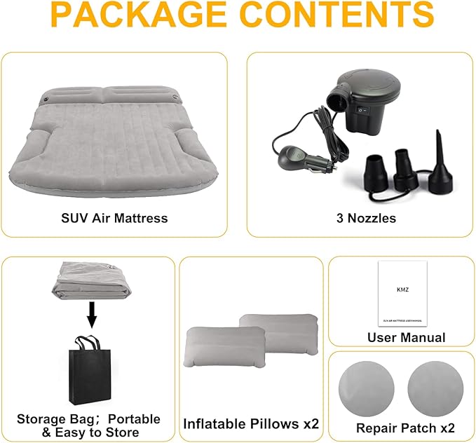 KMZ SUV Air Mattress Thickened and Double-Sided Flocking Travel Camping Bed with 2 Pillows & Electric Pump Dedicated Mobile Cushion Inflatable Bed for SUV Trunk and Rear Seat (Light Gray)