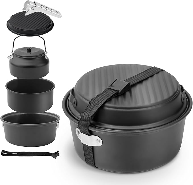 Camping Cookware Set, Non-Stick Lightweight Aluminum Camping Pot and Pan Set with Kettle for Backpacking, Hiking, Outdoor Cooking and Picnic