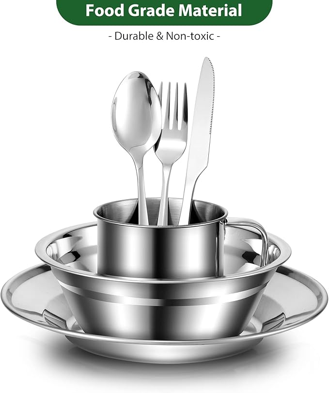 Odoland 29pcs Stainless Steel Utensils Camping Tableware Kit with Bowls Plates Cups Forks Spoons and Knives for 4, Cutlery Flatware Set for Backpacking, Outdoor Camping Hiking and Picnic
