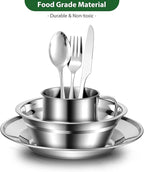 Odoland 29pcs Stainless Steel Utensils Camping Tableware Kit with Bowls Plates Cups Forks Spoons and Knives for 4, Cutlery Flatware Set for Backpacking, Outdoor Camping Hiking and Picnic