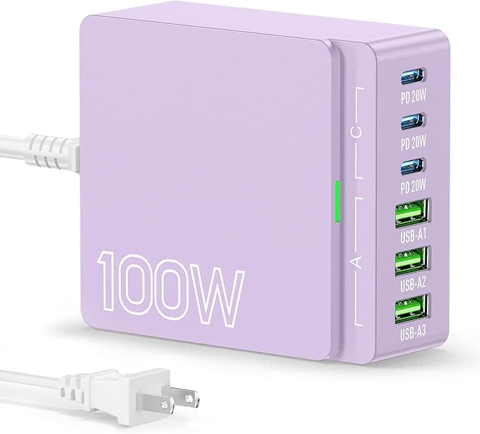 USB C Charger Block Charging Station: 100W 6 Port GaN Fast Charging Brick Hub Cube Box - PD 3.0 Type C & USB A Wall Charger Power Adapter for All iPhone 17 iPad Samsung Android Pixel Series