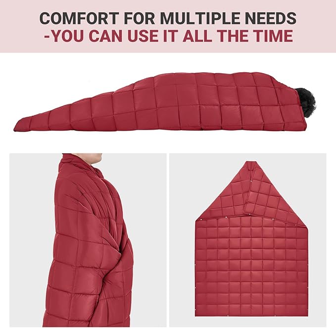 KingCamp Ultralight Camping Blanket, Packable Down Alternative Puffy Wearable Blankets Weatherproof Warm Package Quilt with Snap Buttons for Outdoor Hiking Travel, Picnic Stadium, (69" x 53" Crimson)