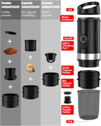 Portable Espresso Machine 3Minute Auto Heat12V Rechargeable Electri Coffee Maker 20 BaCompatible with NS DG Capsules and GroundCoffee for Camping, Travelling RVing HikingandOffice Black