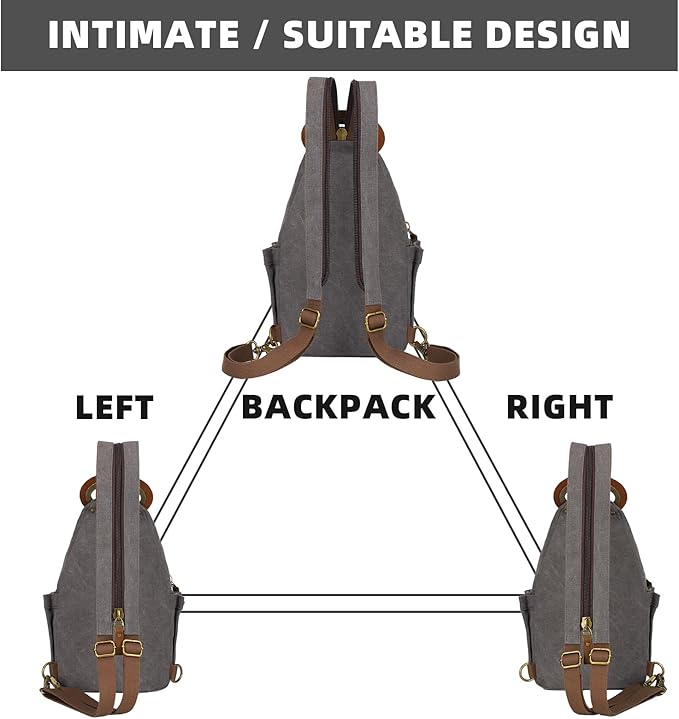 KouLi Buir Canvas Sling bag,Small Crossbody Backpack,Convertible Chest Bag Casual Daypack For Outdoor Cycling Hiking Travel (B3611-D.Grey-N)